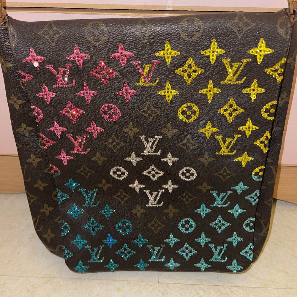 Louis Vuitton musette salsa hand painted with swarovski crystals one of a kind